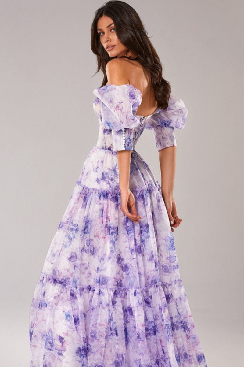 Floral Off Shoulder Puff Sleeve Sweetheart Tiered Maxi Dress - View 8