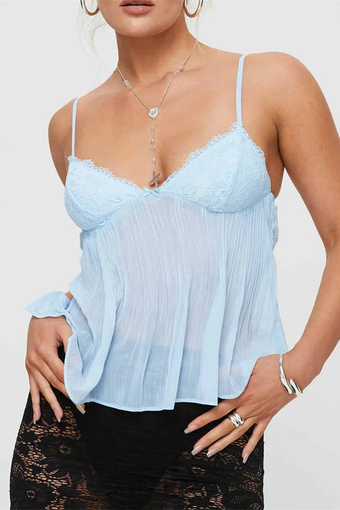 Pleated Bowknot Lace See-through Crop Top