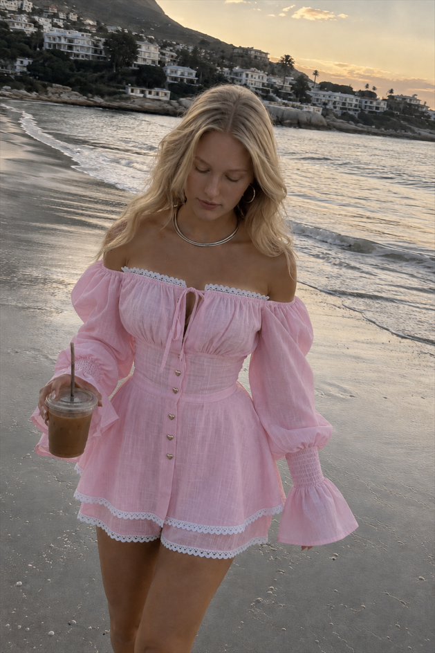 Lantern Sleeve Lace Up Off Shoulder Top Two-Piece Shorts