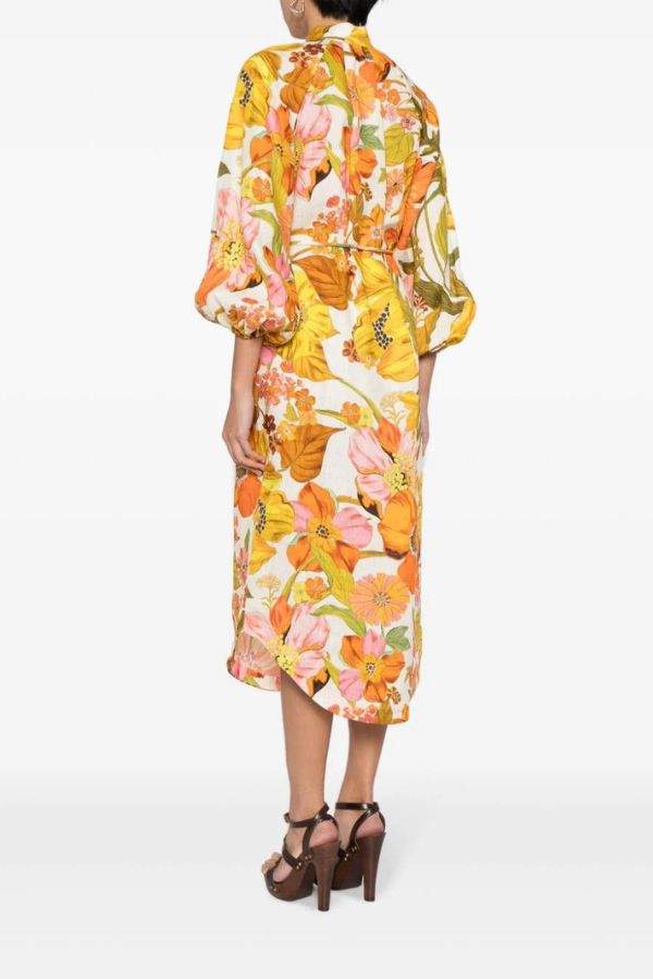 Floral Print Fashion Puff Sleeve Fitted Swing Midi Dress - Fashionpara