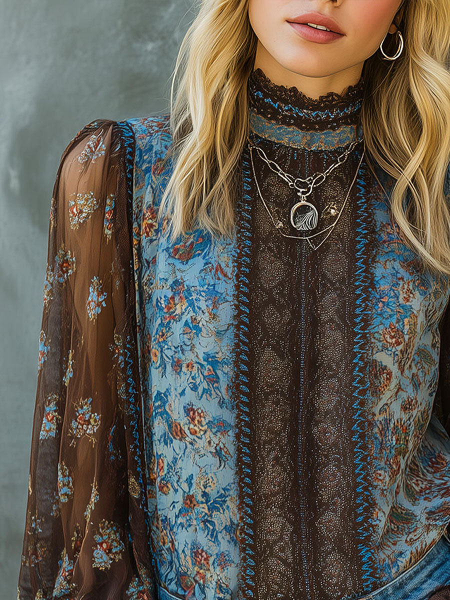 Vintage Boho Floral High Neck Sheer Lace Blouse With Puff Sleeve - Fashionpara