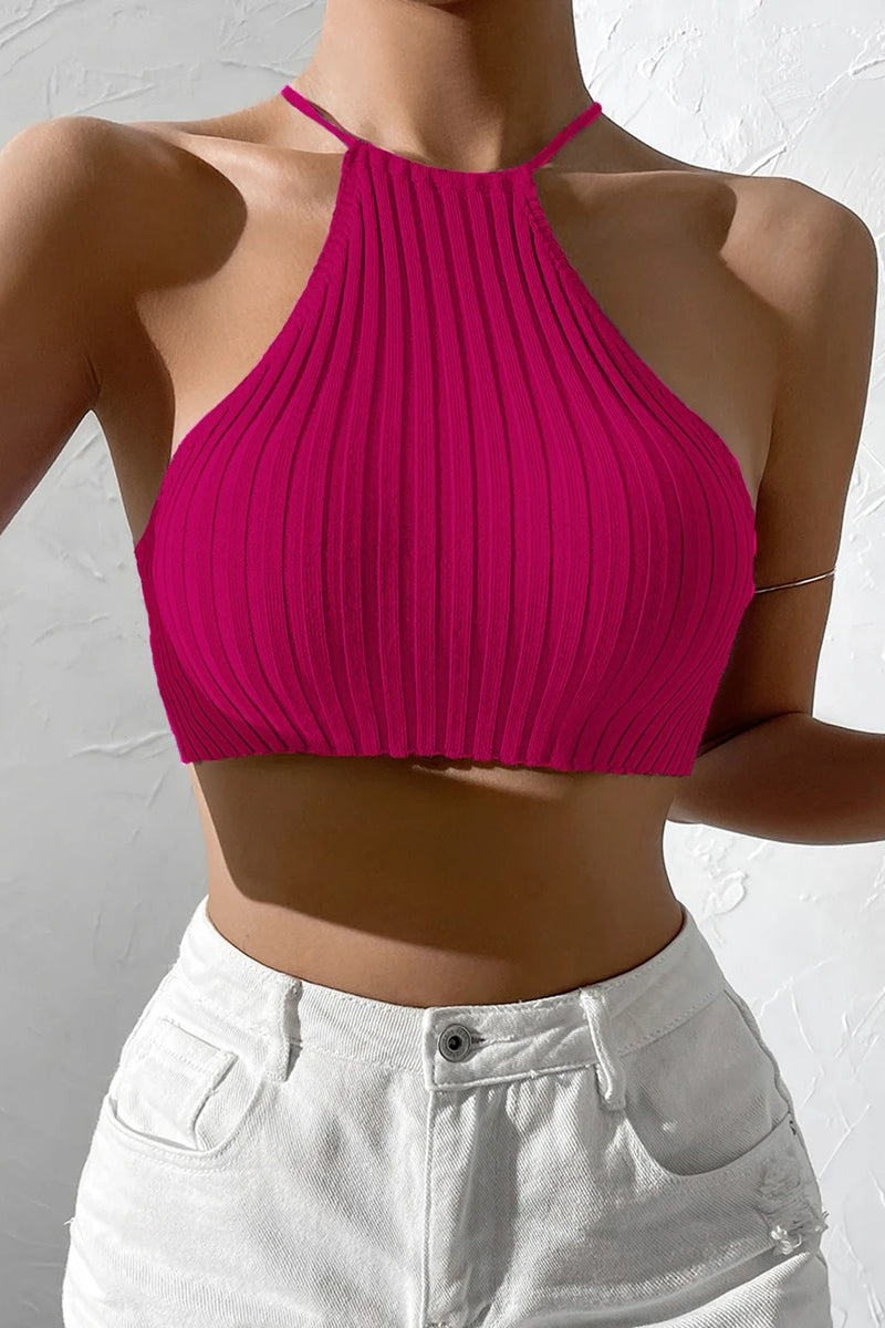 Knit Tie Backless Halter Crop Top - Fashionpara