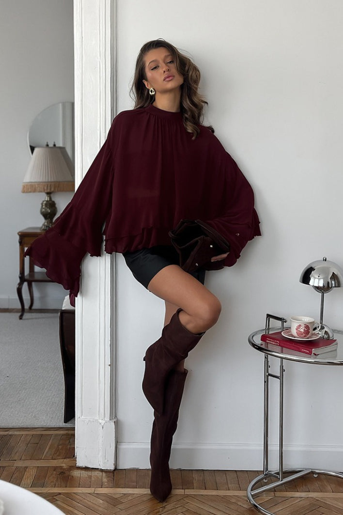 Brown Chiffon Ruffle Flare Blouse