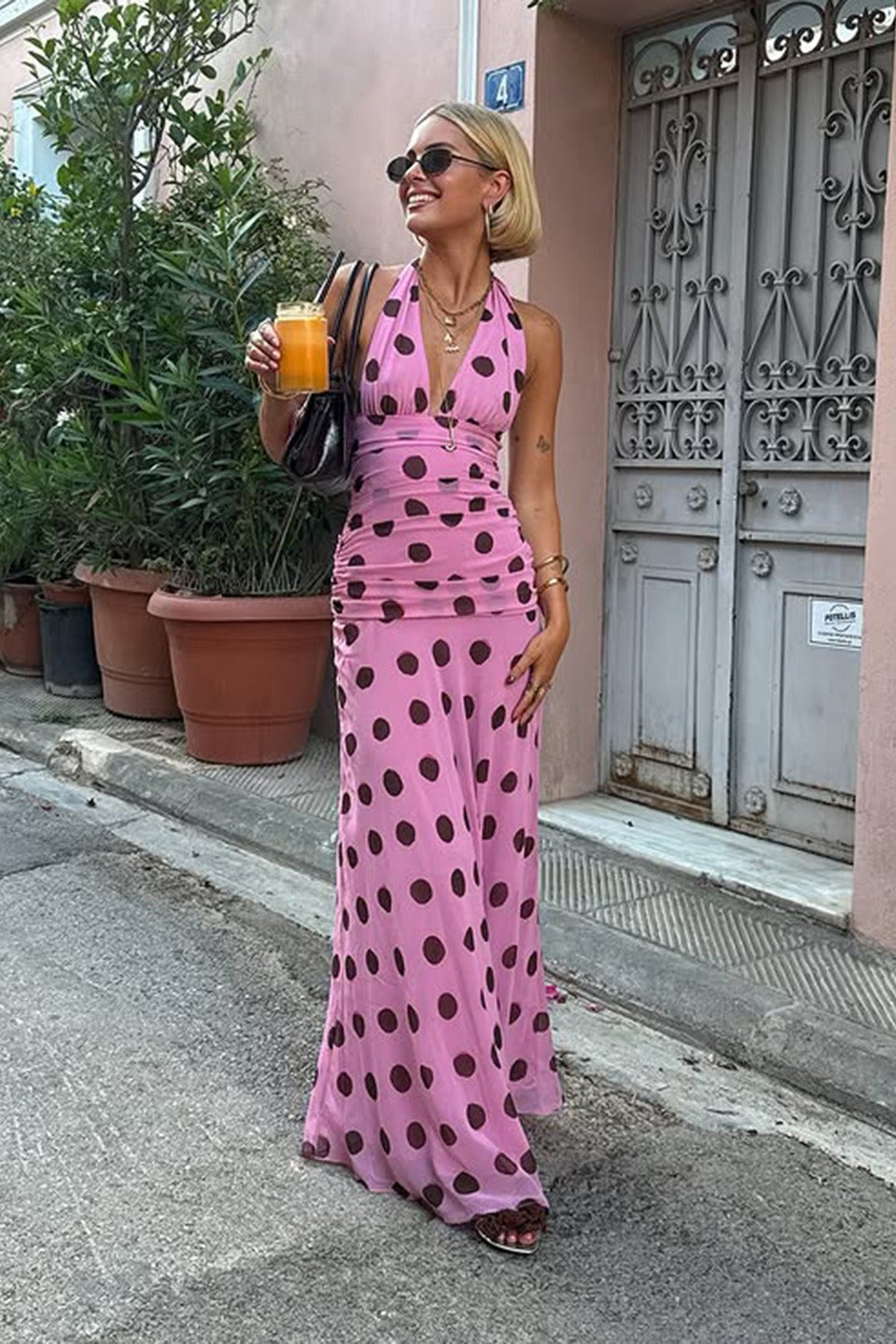 Polka Dot Halter V-Neck Color Block Bodycon Maxi Dress