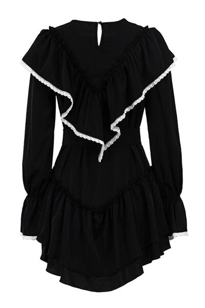 Lace Trim Long Sleeve Tiered Ruffle Mini Dress