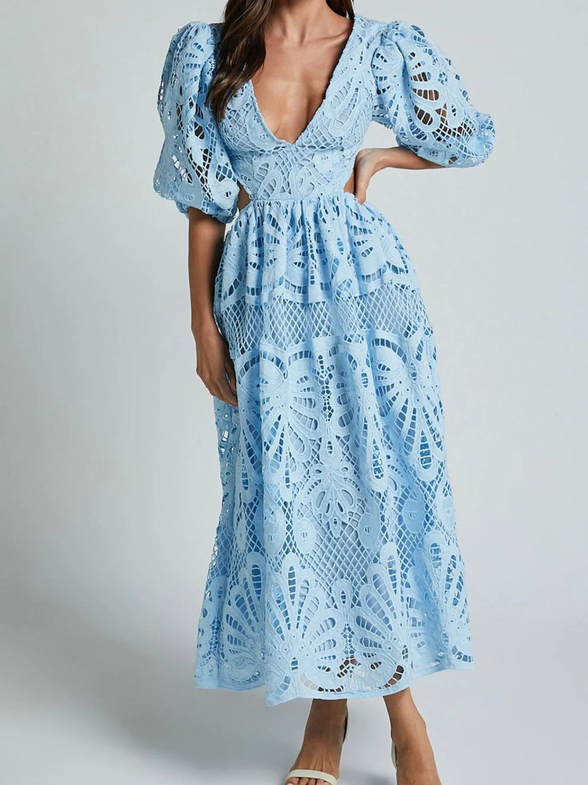 Lace Deep V-Neck Puff Sleeve Cut Out Waist A-Line Midi Dress - View 3
