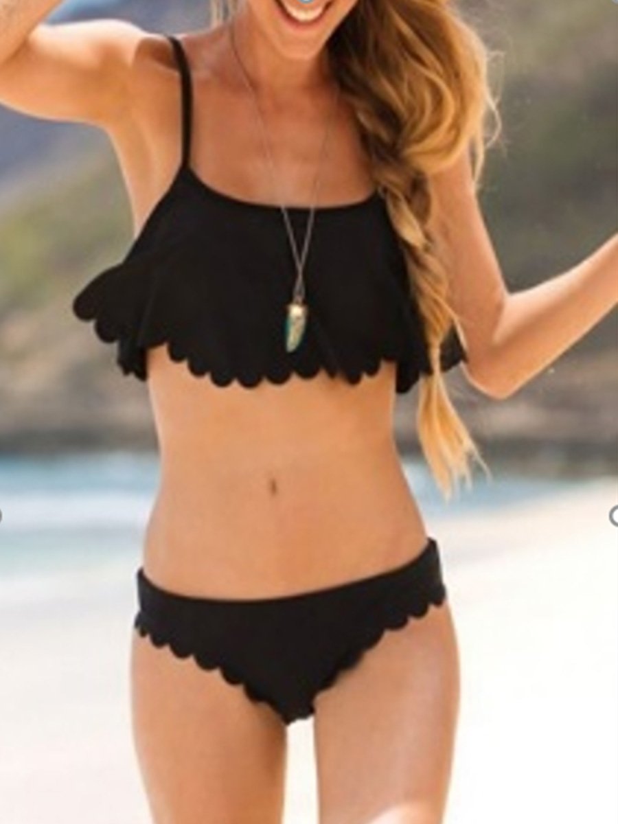 Split plain bikini with lotus leaf lace - Fashionpara