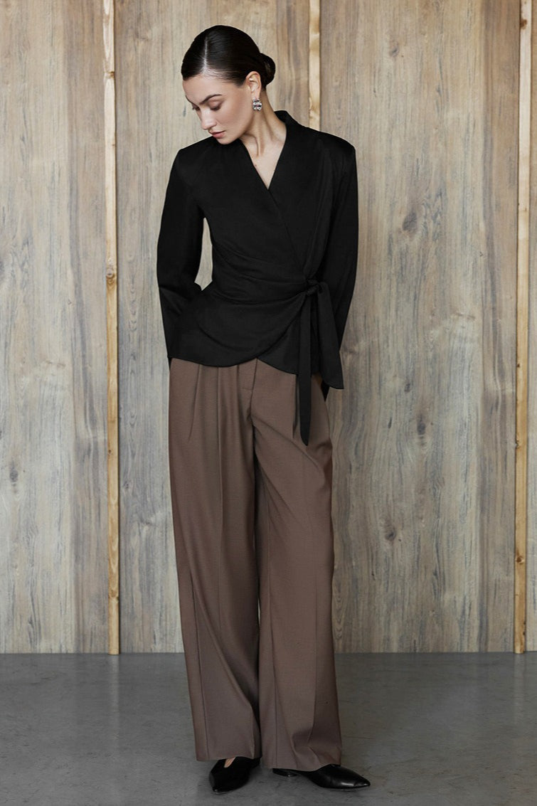 V Neck Asymmetric Tie Blouse