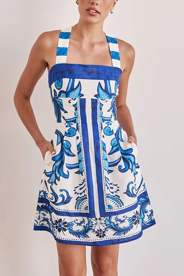 Summer Linen Blend Unique Print Wide Strap Pocket Mini Dress - Fashionpara