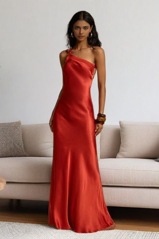 Elegant Asymmetrical Shoulder Slim Satin Party Formal Dress