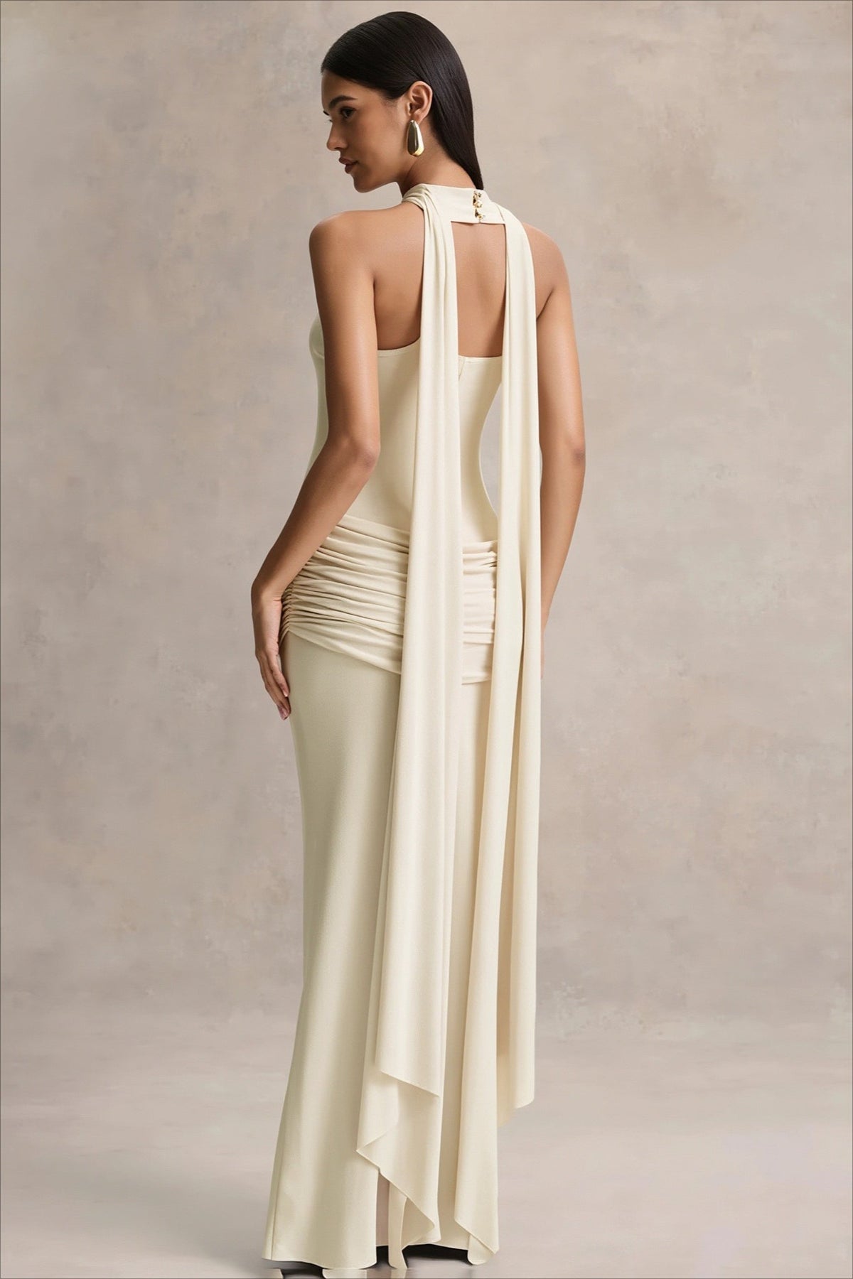 Strapless Choker-Neck Ruched Mermaid Maxi Gown