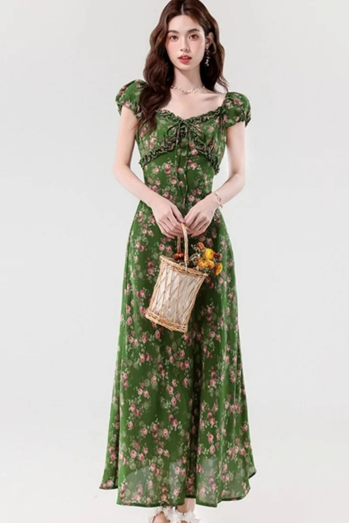 Floral Print Sweetheart Ruffle Puff Sleeve A-Line Maxi Dress