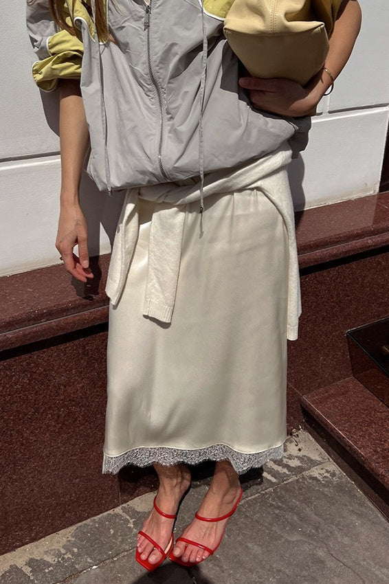 Tie Waist Lace Trim Midi Skirt