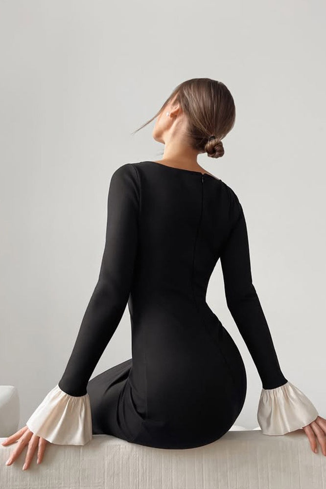 Square Neck Long Sleeve Contrast Cuff Bodycon Midi Dress 5