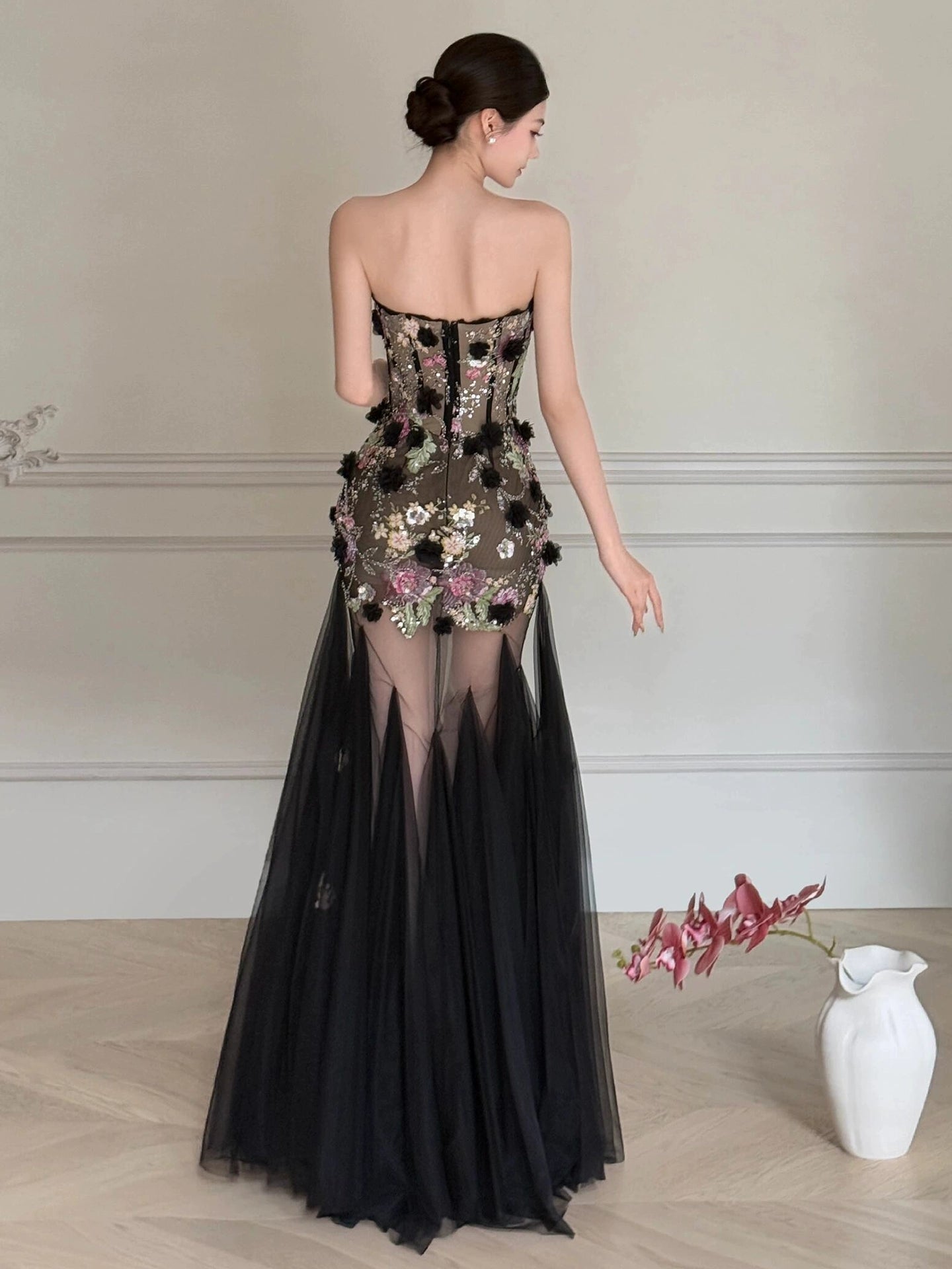 Black Long Prom Dress With Flowers Formal Evening Party Dress Birthday Outfit - Fashionpara