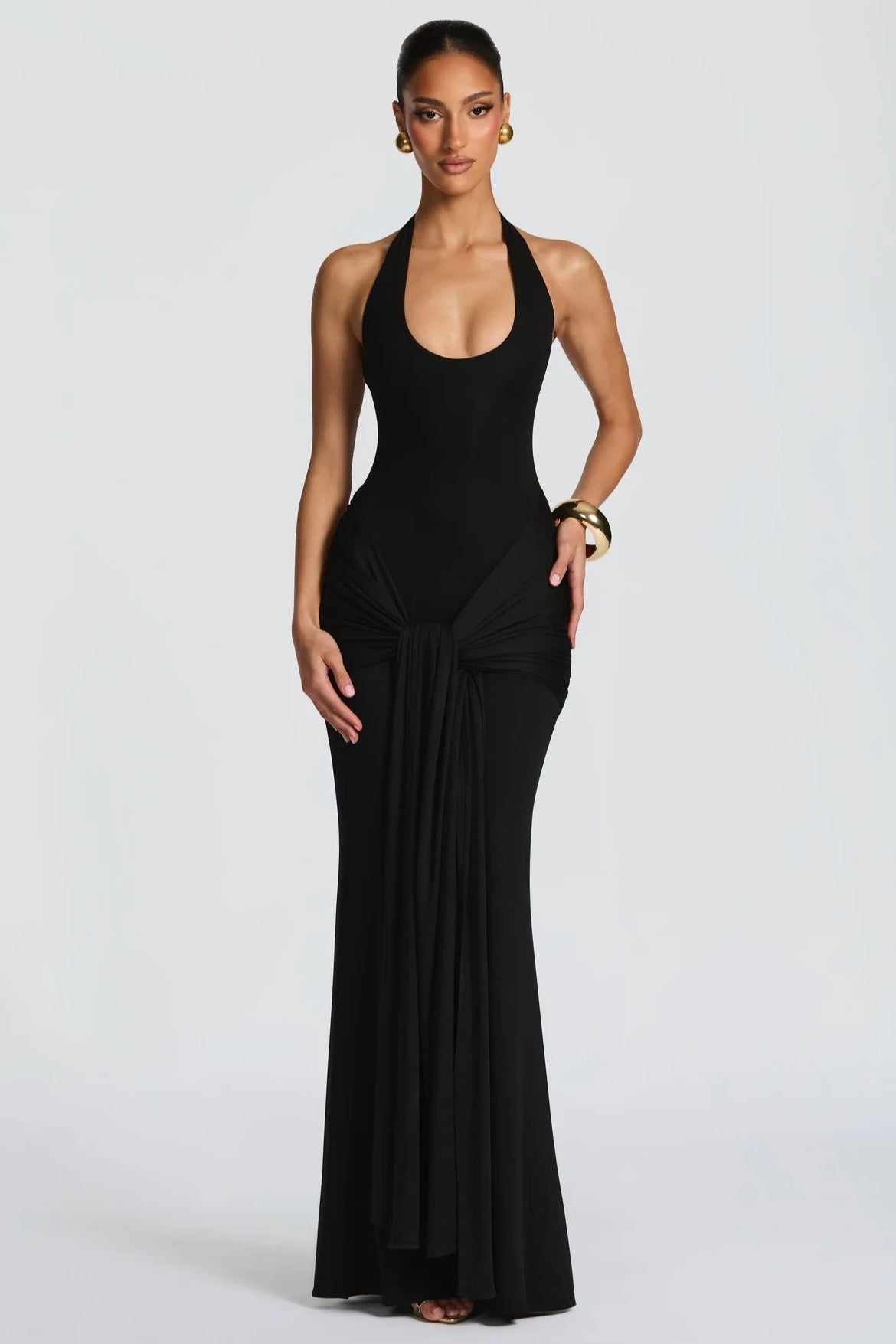 Halter Scoop-Neck Knot-Drape Jersey Fishtail Gown