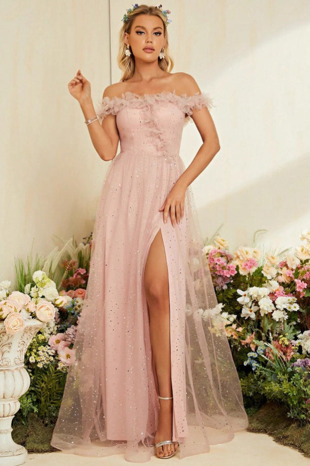 Glitter Tulle Off Shoulder Ruffle High Split A-Line Prom Dress