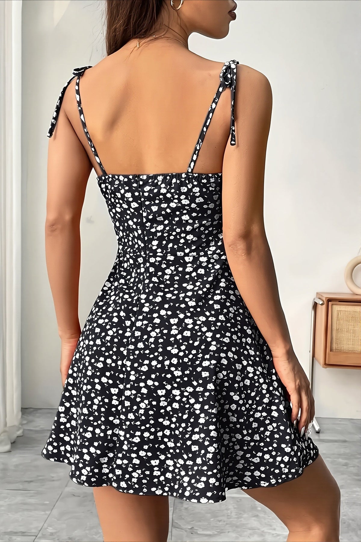 Floral Scoop Neck Tie Strap Fit and Flare Mini Dress