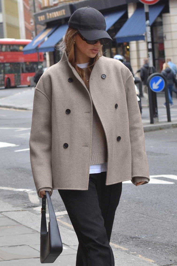 Double Breasted Stand Collar Wool Blend Jacket