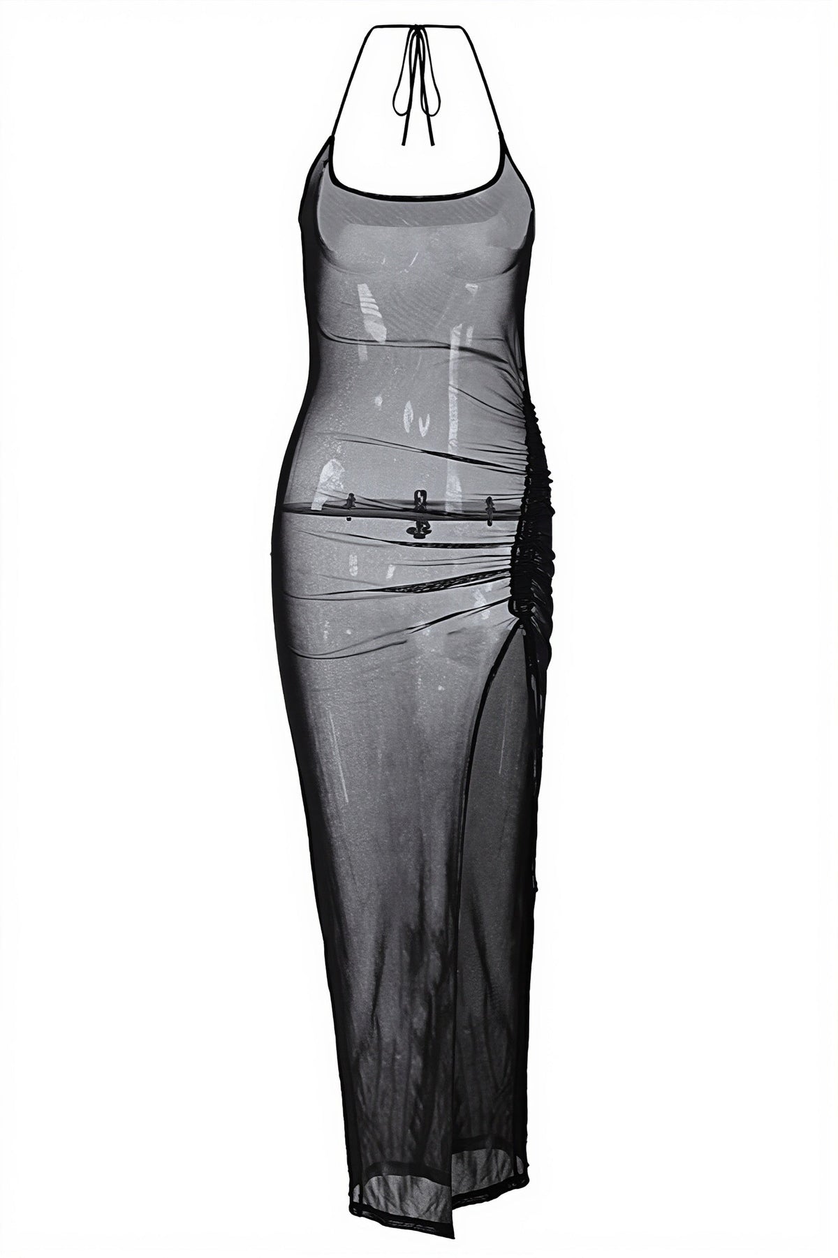Sheer Mesh Ruched High Split Maxi Dress 6