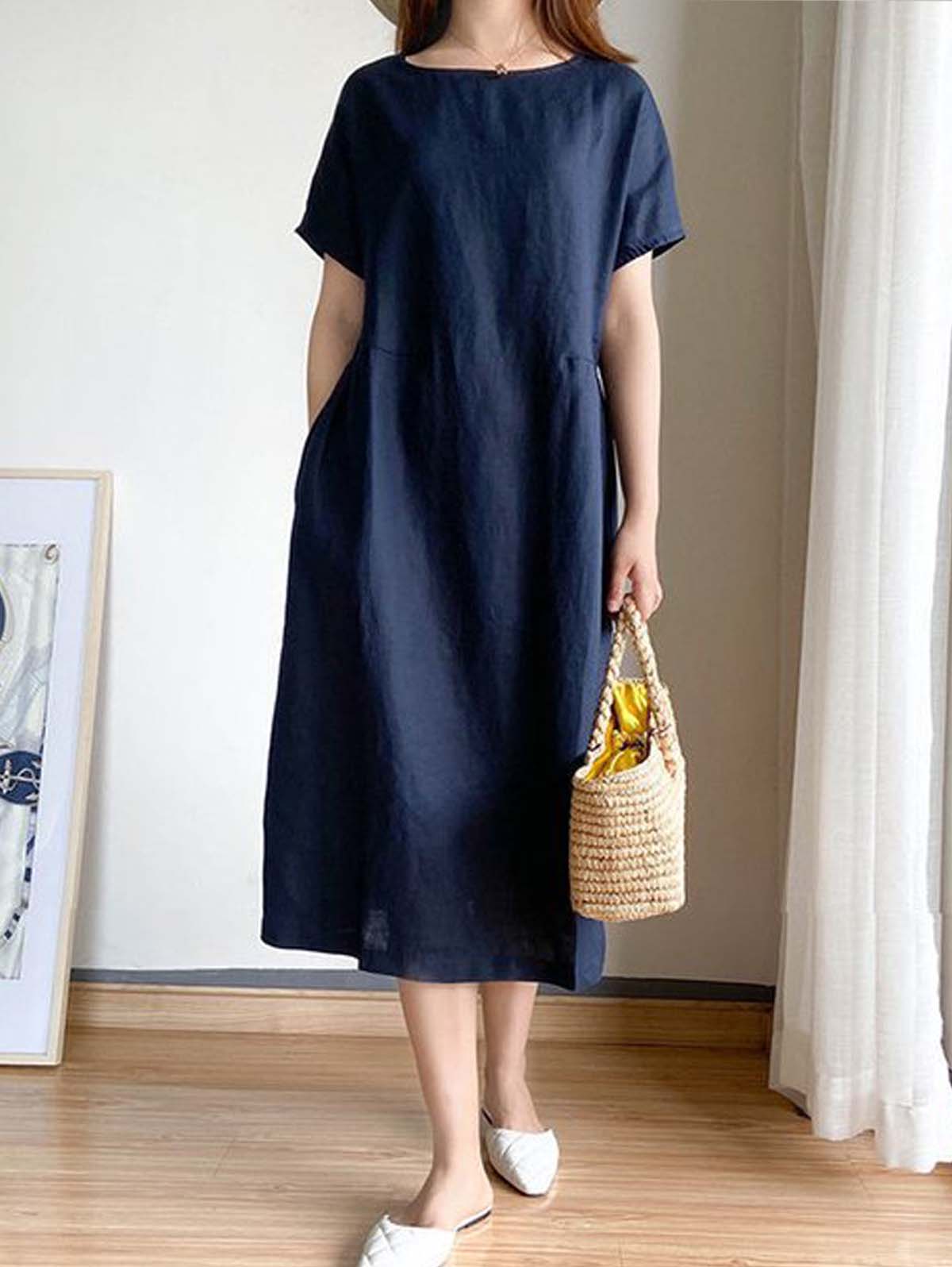Round Neck Short Sleeve Gathered Empire Waist Pocket A-Line Midi Dress - View 4