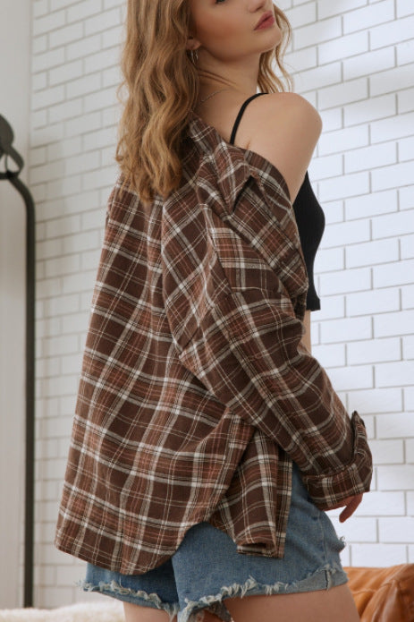 Plaid Stand Collar Button Shirt  Blouse