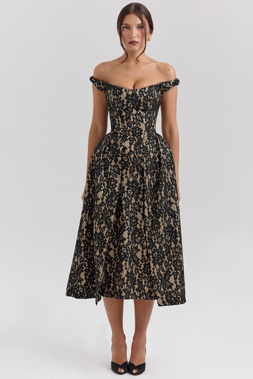 Lace Off Shoulder Corset High Split Midi Dress 8