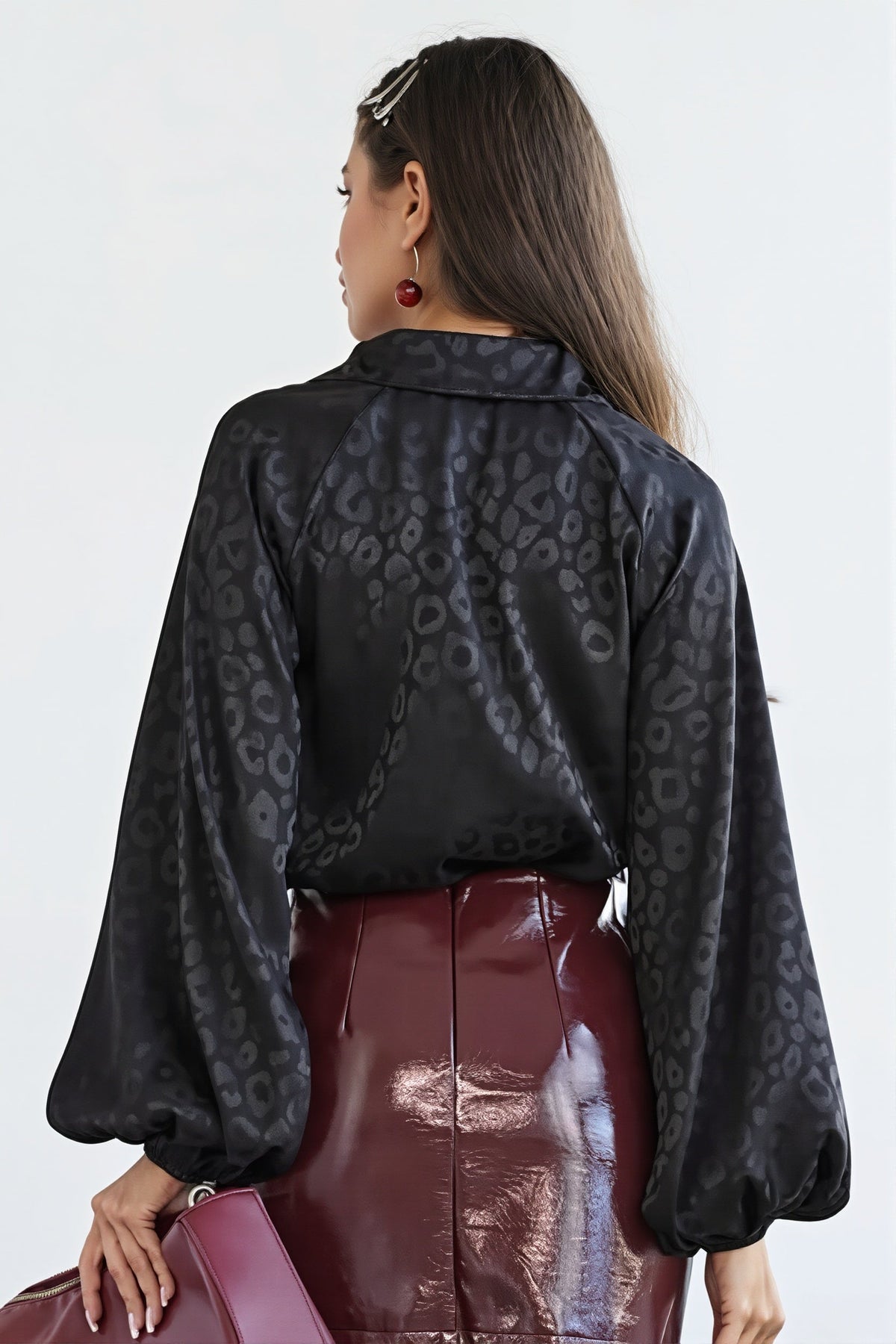 Leopard Jacquard Balloon Sleeve Blouse
