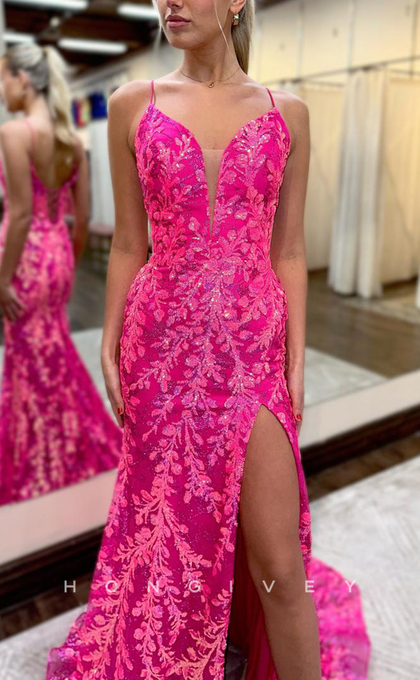 L2789 - V-Neck Spaghetti Straps Lace Applique With Side Slit Party Prom Evening Dress - Fashionpara