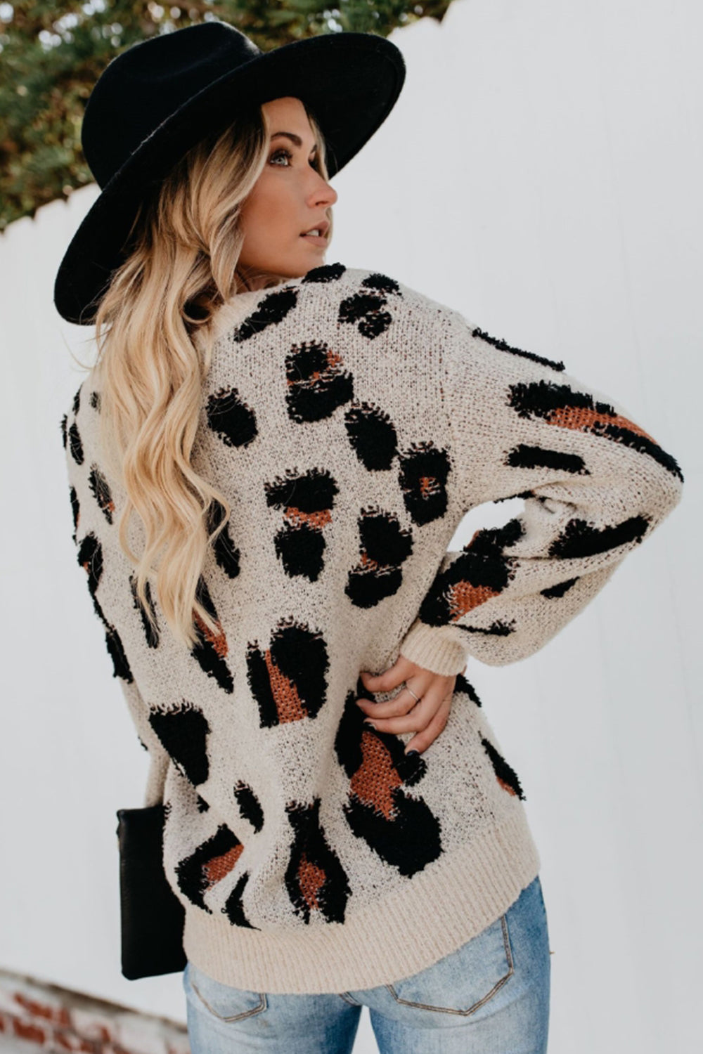 RadyRin Leopard Print Round Neck Pullover Sweater