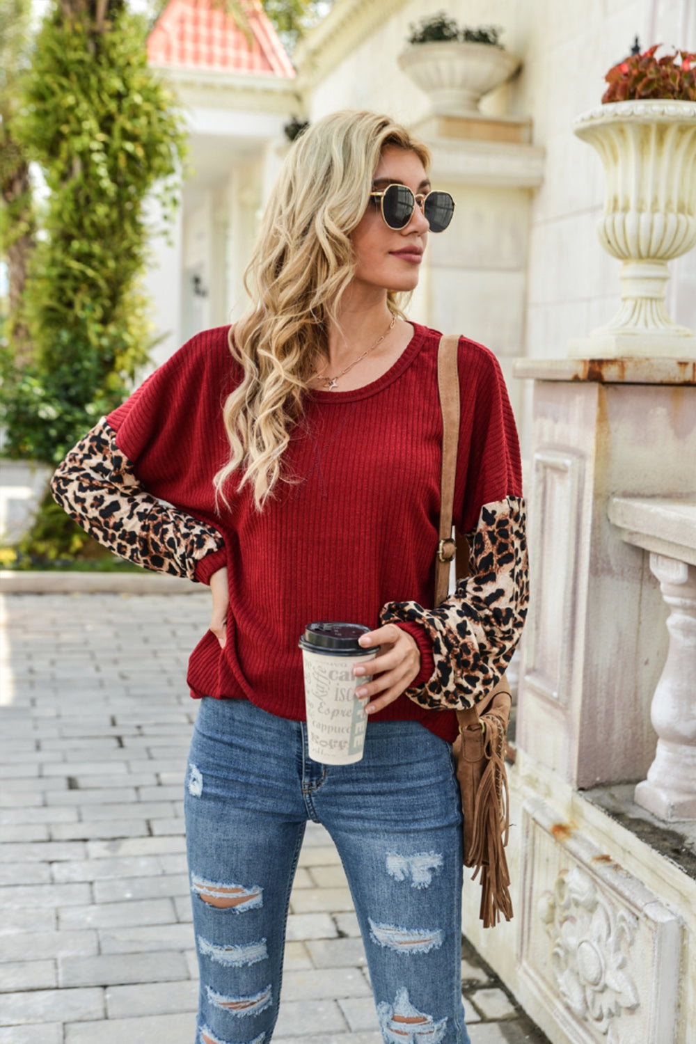 RadyRin Leopard Stitching Long Sleeve Sweater for Elegance