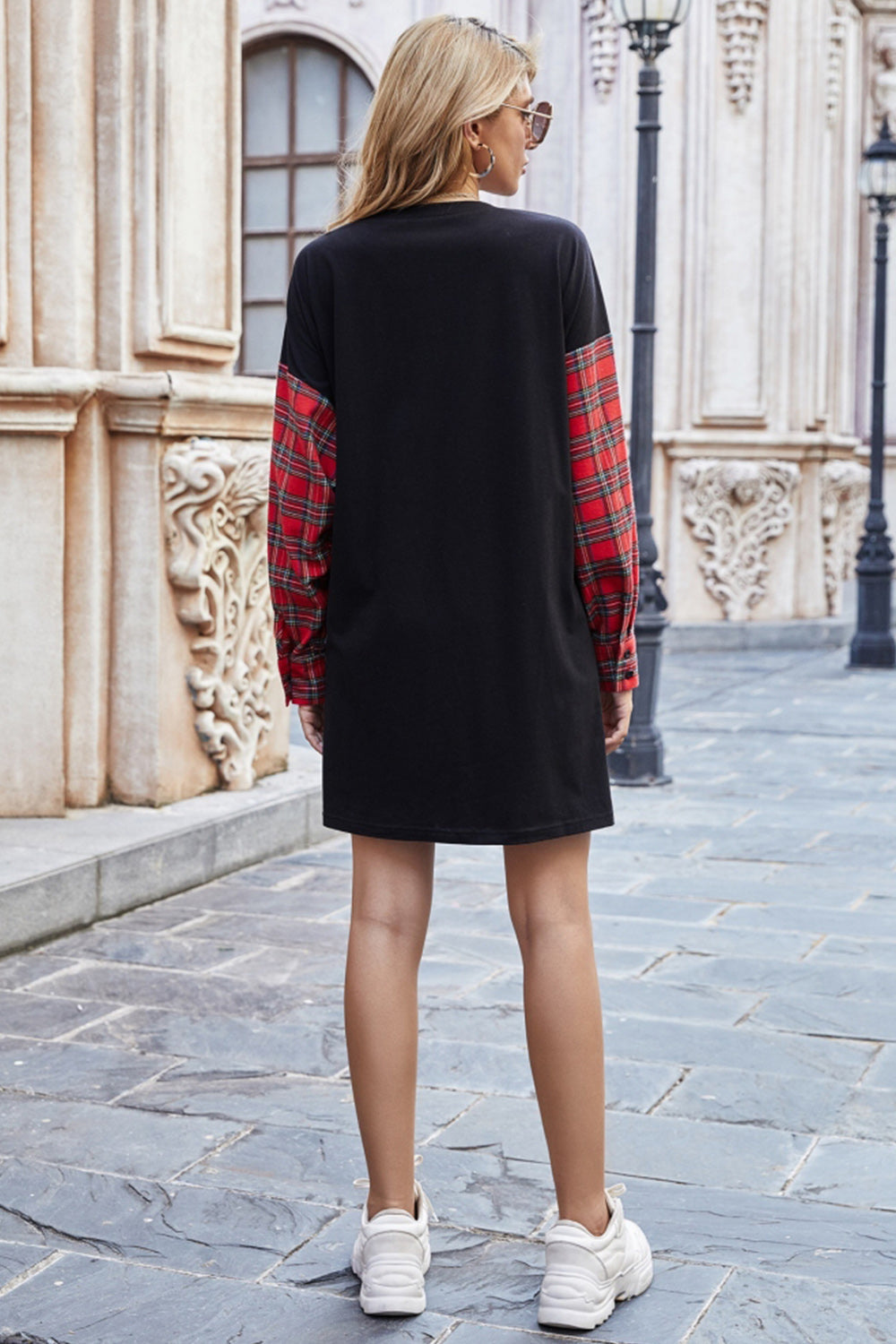 RadyRin Chic Round Neck Plaid Sweater Dress for Elegance