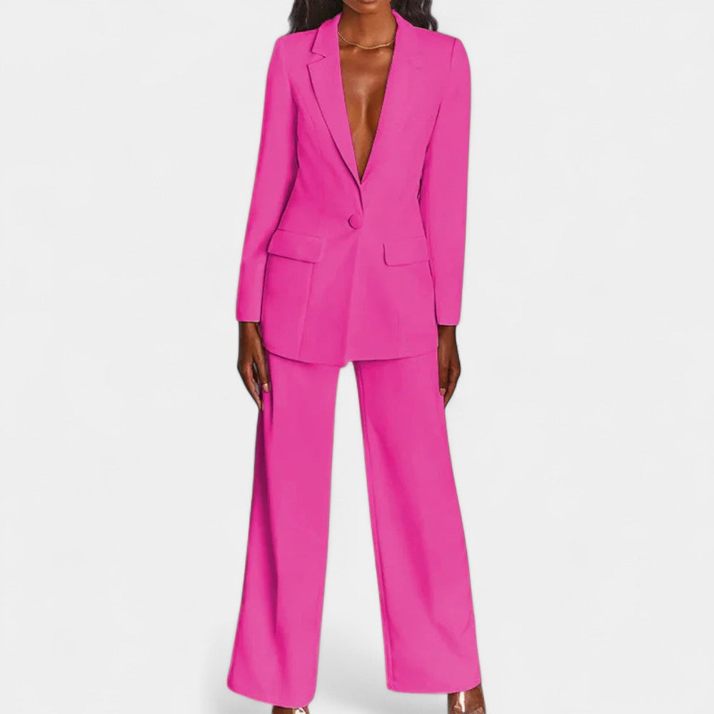 Deep V Single Button Blazer and Wide Leg Pants Two Piece Suit Set 4