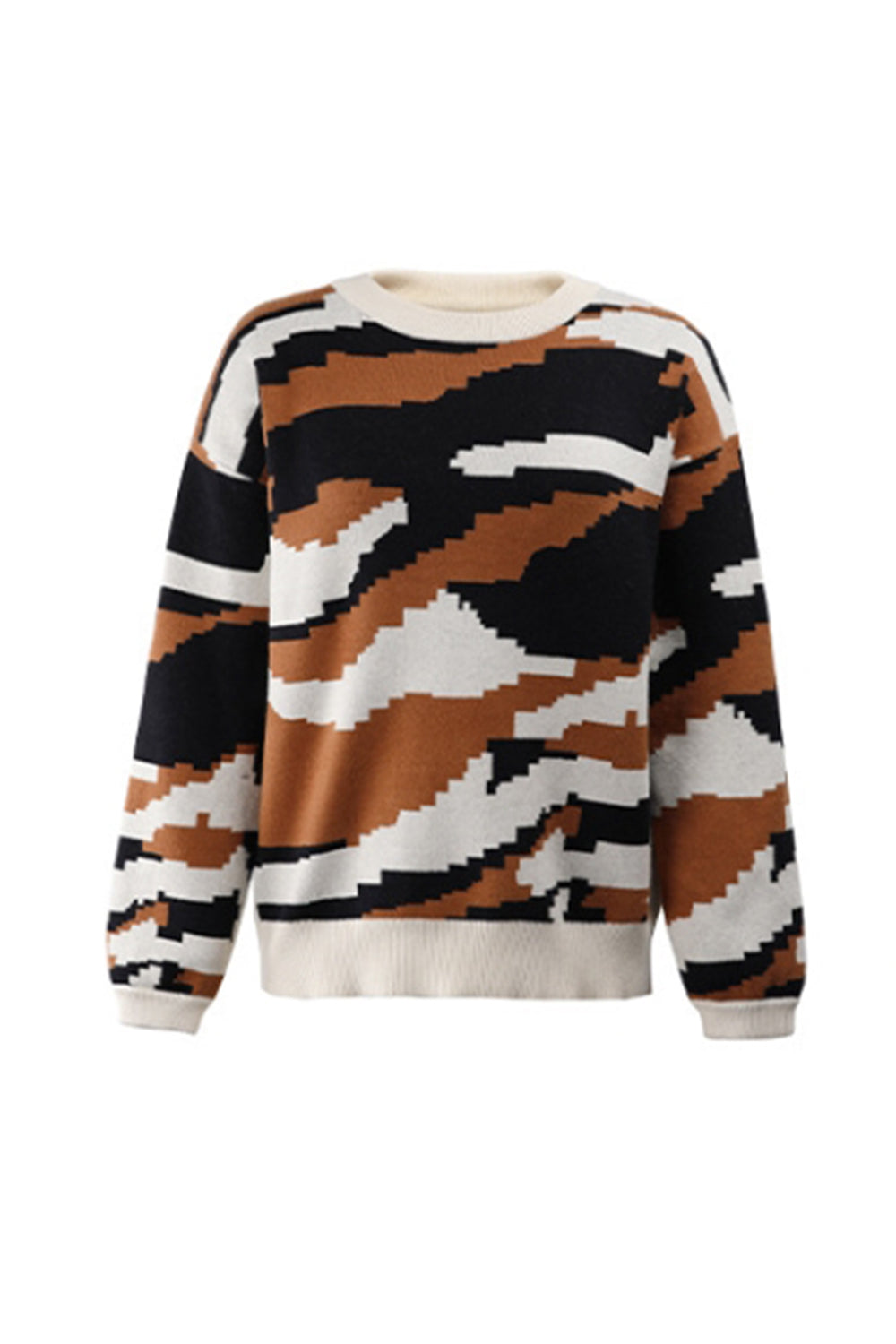 RadyRin Round Neck Camouflage Leopard Print Sweater