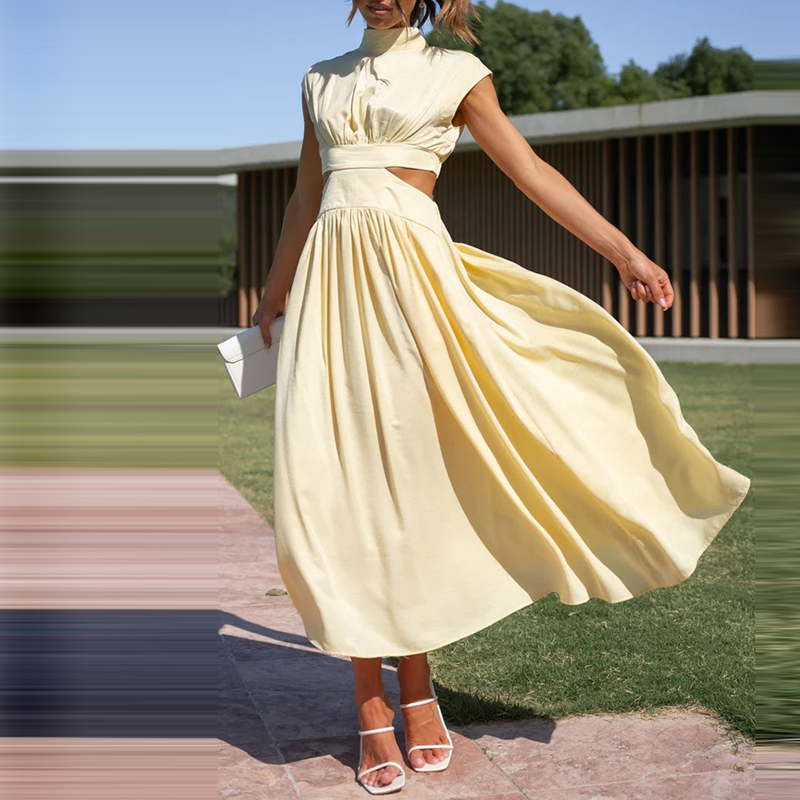 Mock Neck Sleeveless Side Cut Out Waist Pleated Midi Dress