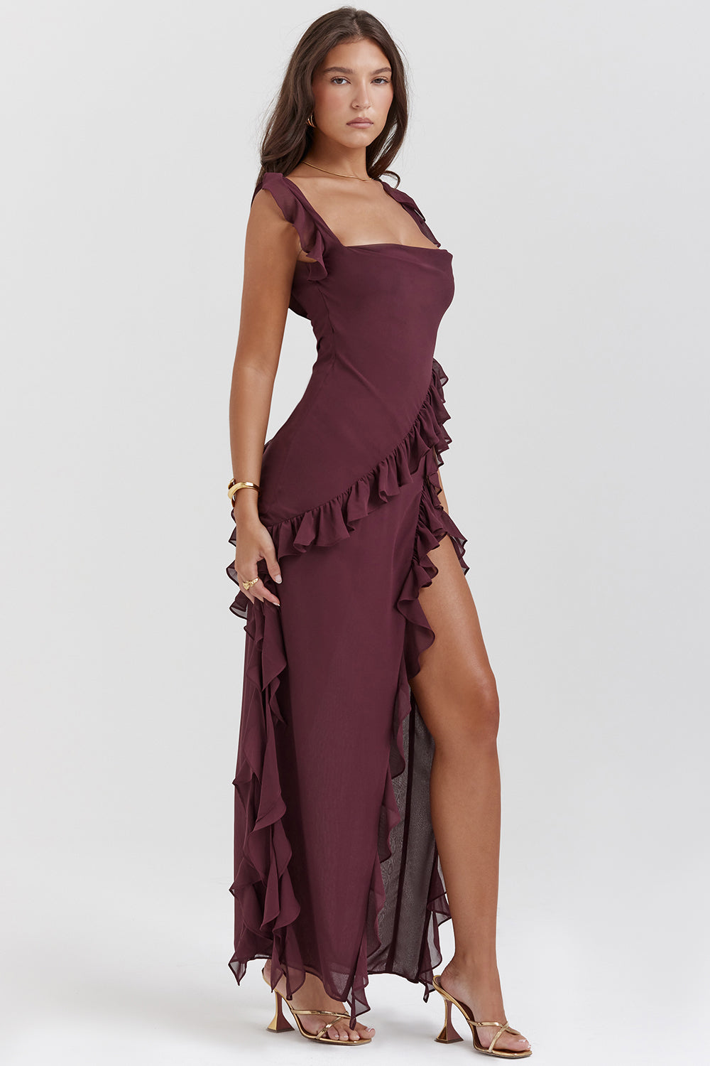 Square Neck Ruffle Strap High Split Asymmetrical Cascade Maxi Dress - View 5