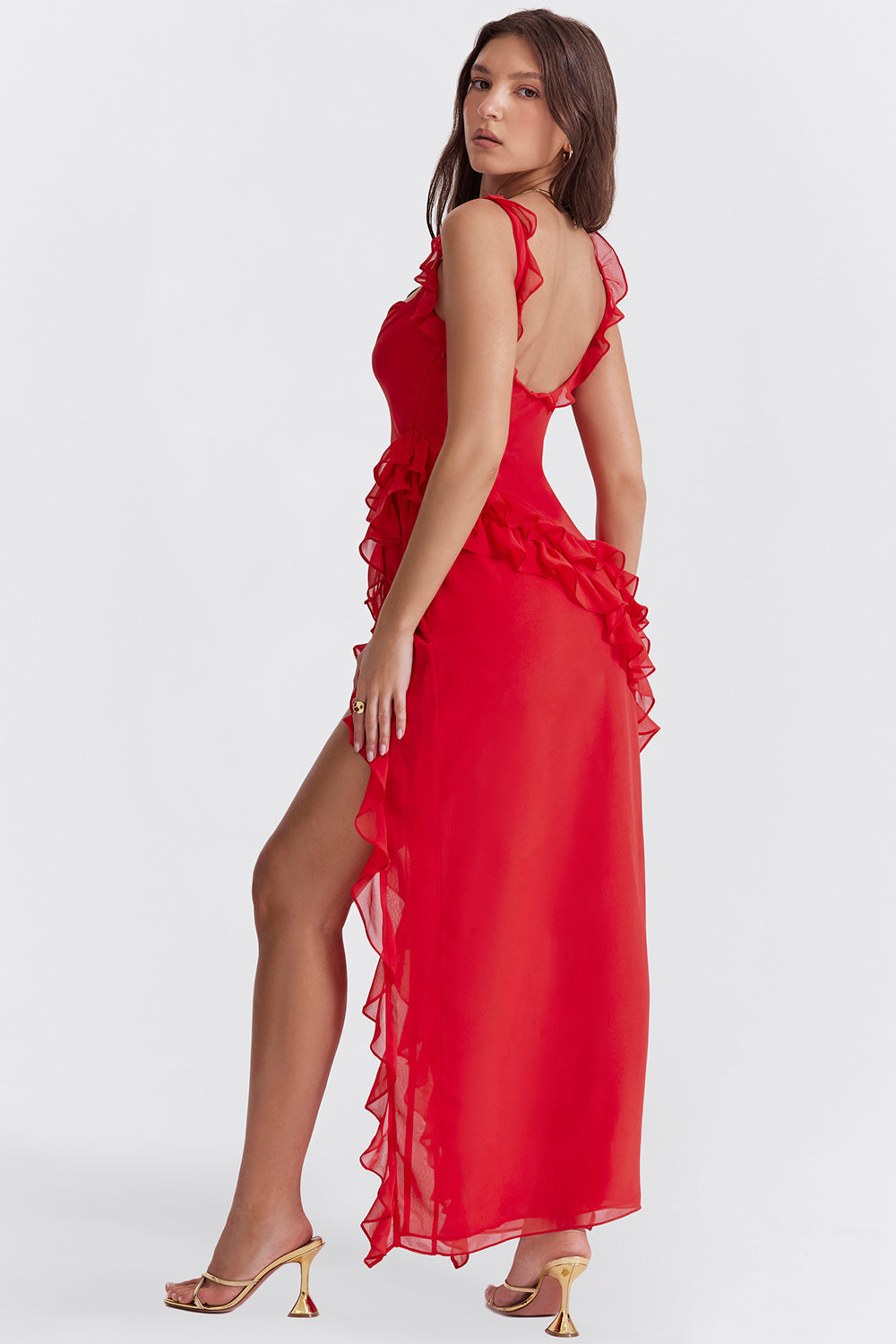 Square Neck Ruffle Strap High Split Asymmetrical Cascade Maxi Dress 59