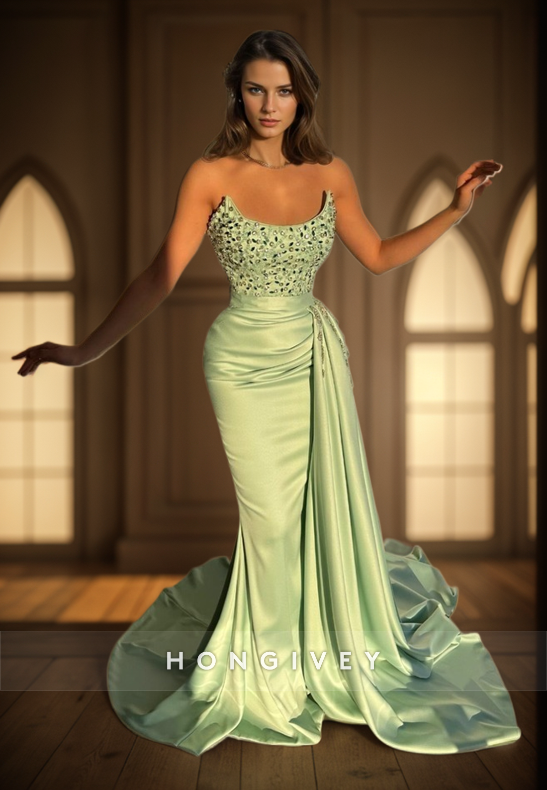 L2980 - Trumpet Bateau Strapless Beaded With Train Party Prom Evening Dress - Fashionpara