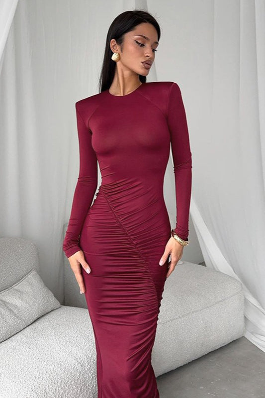 Ruched Long Sleeve Crew Neck Bodycon Maxi Dress