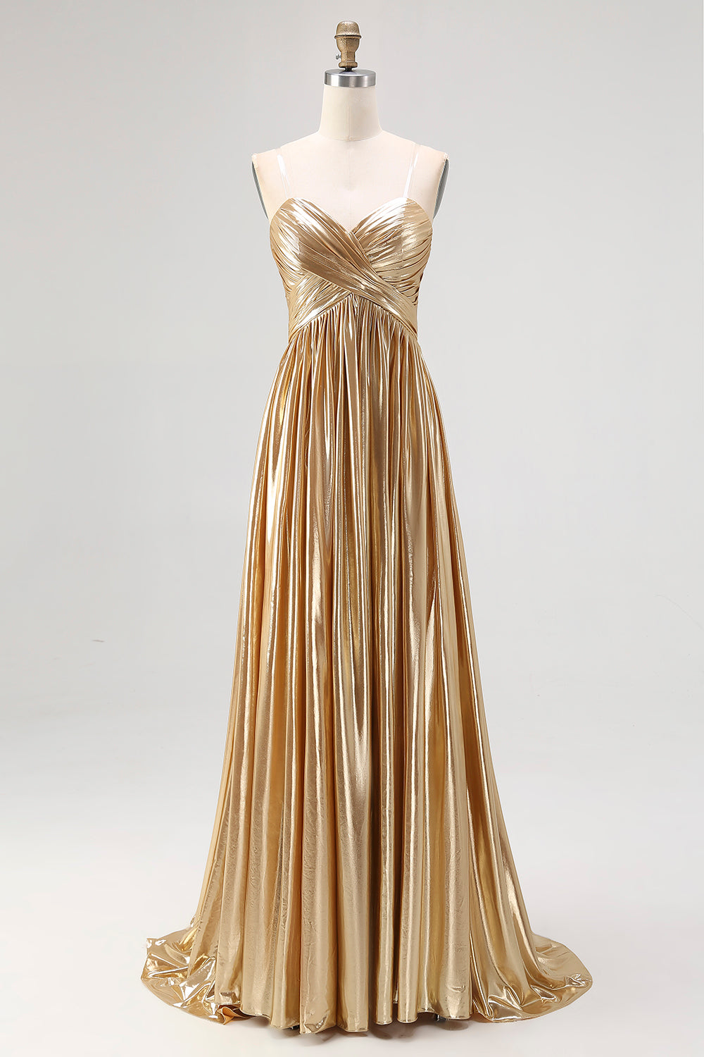 Chic Gold A Line Deep-V Neck Satin Long Prom Dress