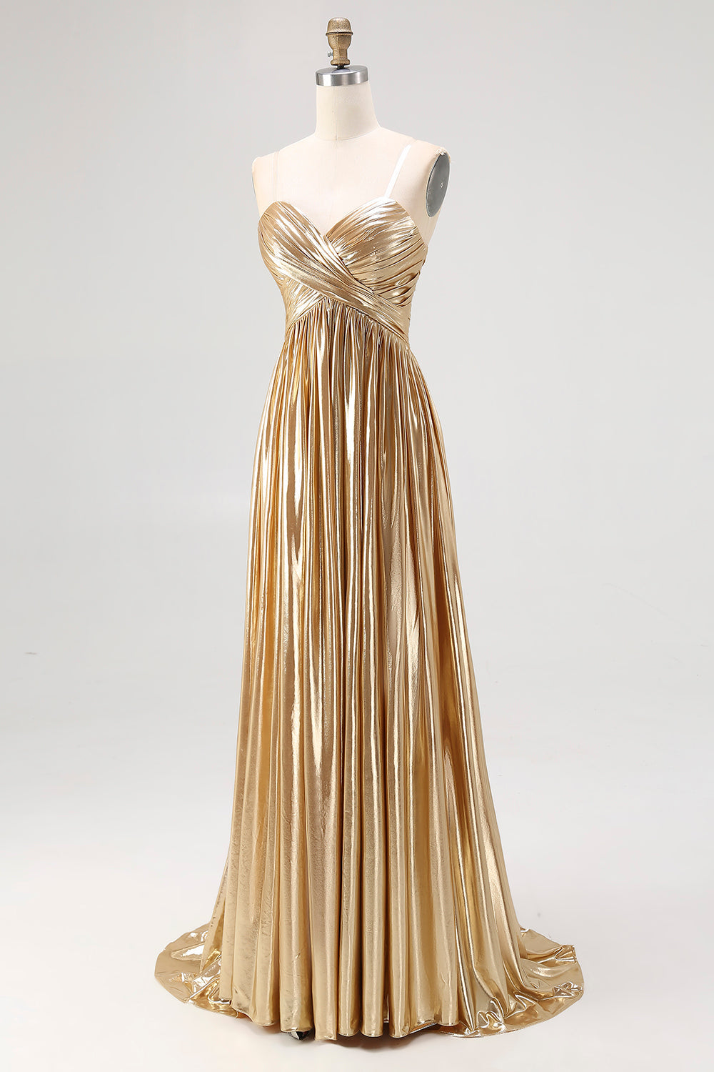 Chic Gold A Line Deep-V Neck Satin Long Prom Dress