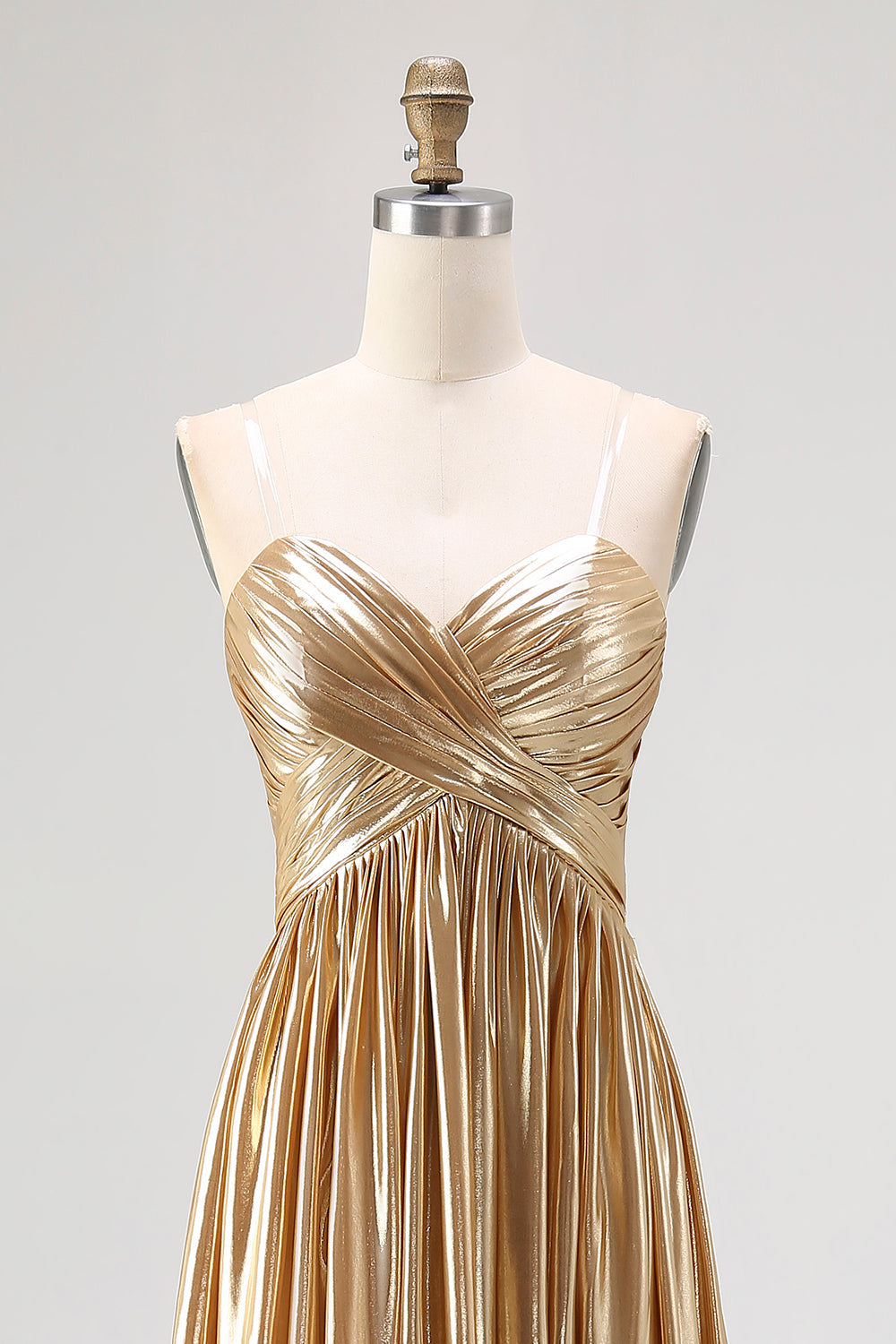 Chic Gold A Line Deep-V Neck Satin Long Prom Dress