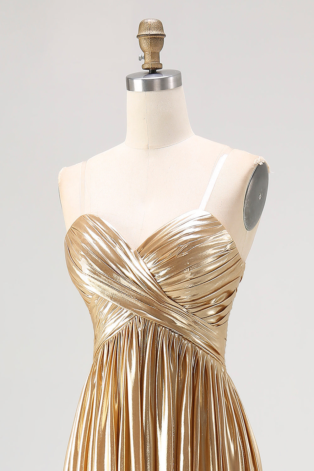 Chic Gold A Line Deep-V Neck Satin Long Prom Dress