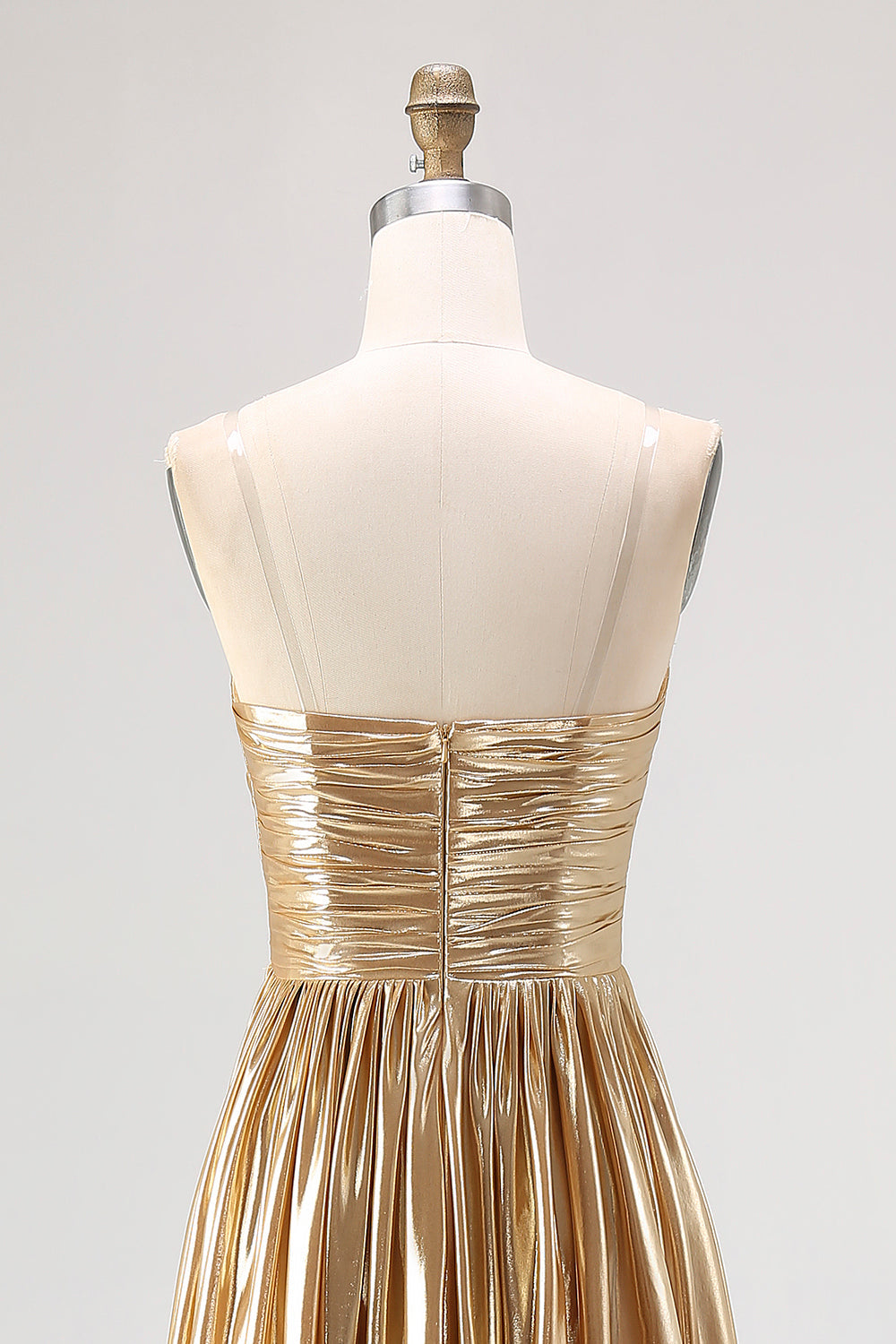 Chic Gold A Line Deep-V Neck Satin Long Prom Dress