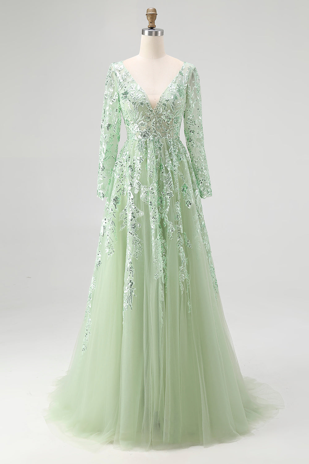 Sparkly Dusty Sage Sequin A-Line Prom Dress with Long Sleeves