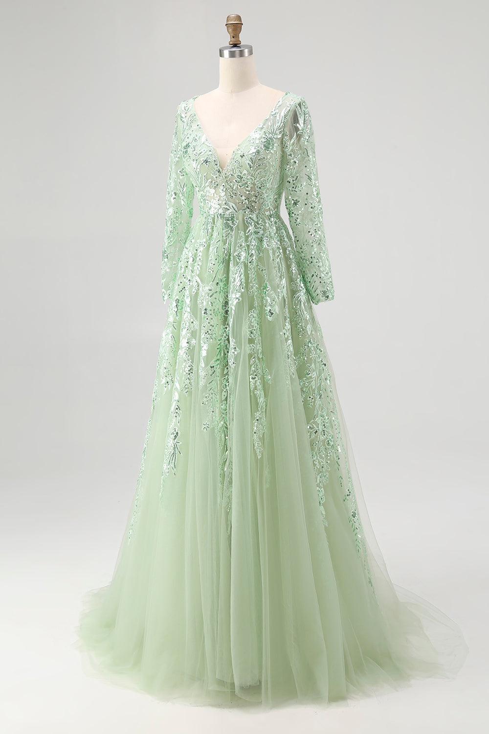 Sparkly Dusty Sage Sequin A-Line Prom Dress with Long Sleeves