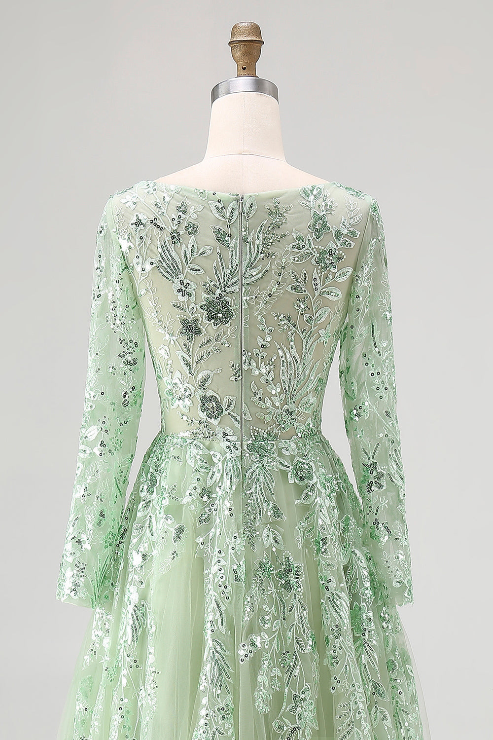 Sparkly Dusty Sage Sequin A-Line Prom Dress with Long Sleeves