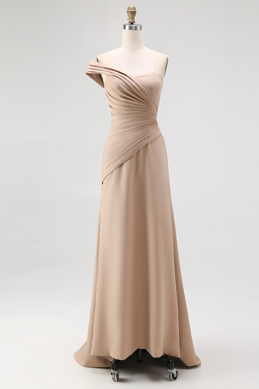 Light Khaki Jersey One Shoulder Sheath Long Pleated Gala Dress
