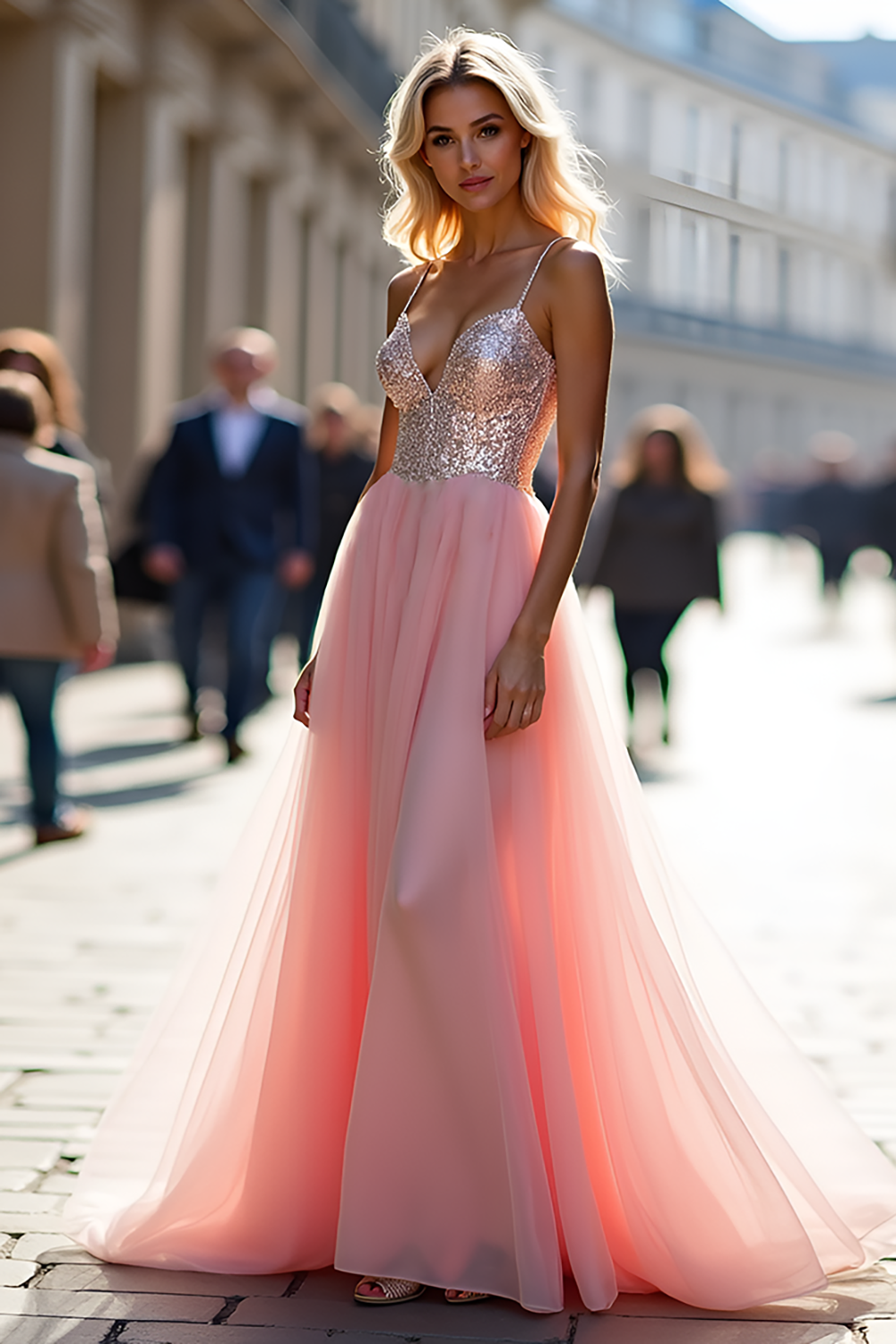 Sparkly A Line Tulle Spaghetti Straps Pink Prom Dress - Fashionpara