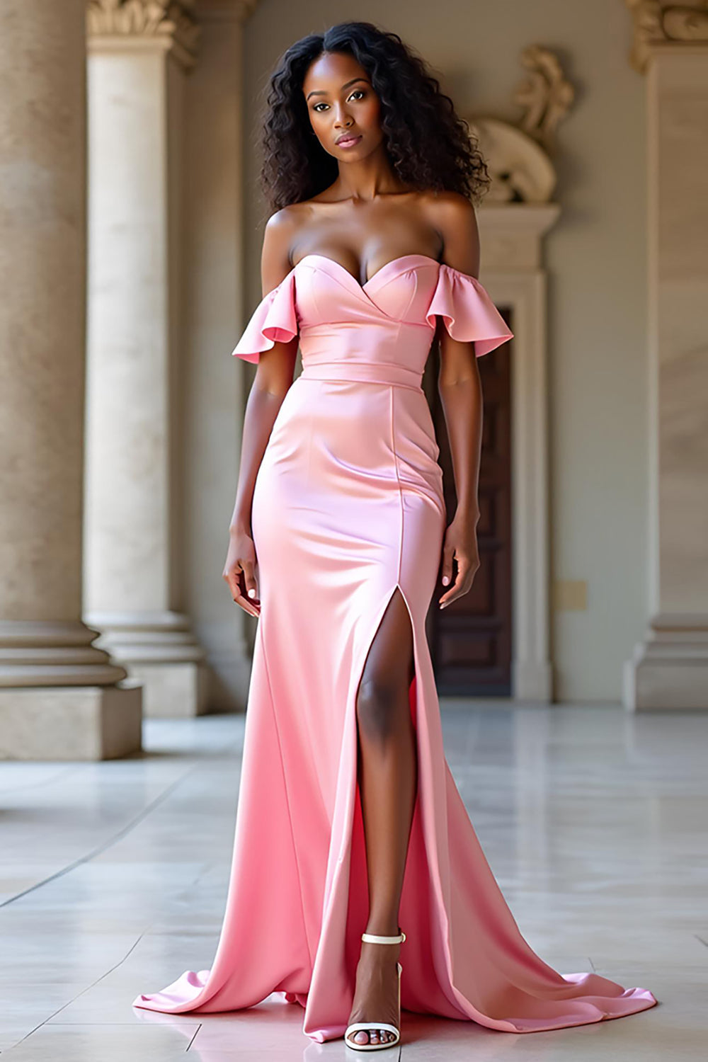 Elegant Off The Shoulder Pink Satin Long Prom Dress with Slit - Fashionpara